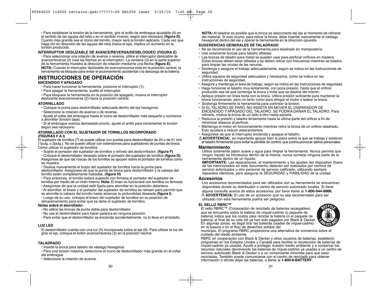 Instrucciones de operación | Black & Decker Li4000 User Manual | Page 16 / 19