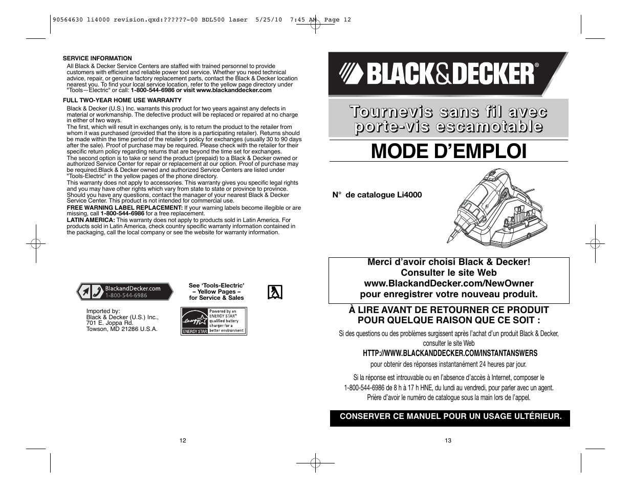 Mode dʼemploi | Black & Decker Li4000 User Manual | Page 7 / 19