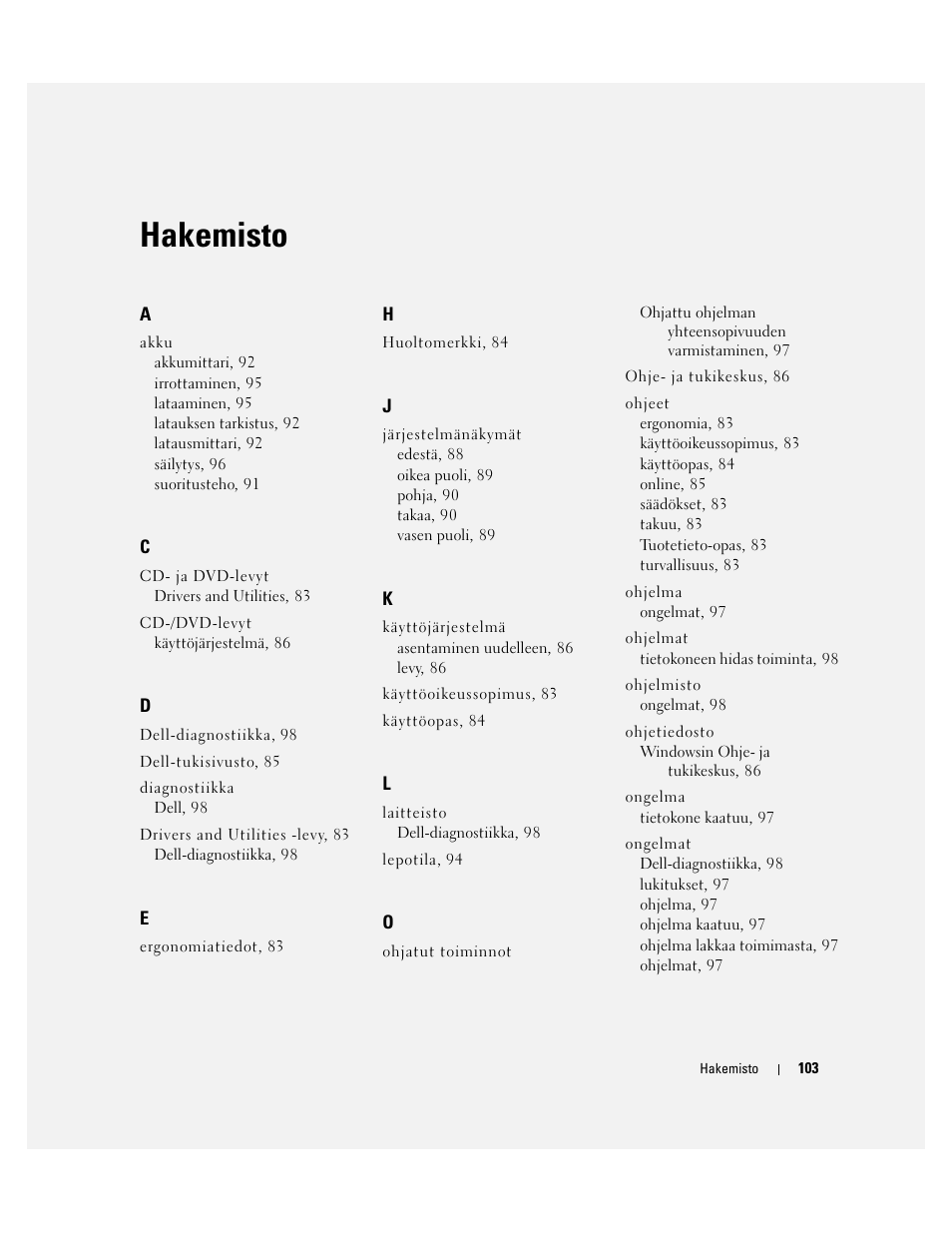 Hakemisto | Dell Latitude D830 (Early 2007) User Manual | Page 103 / 258