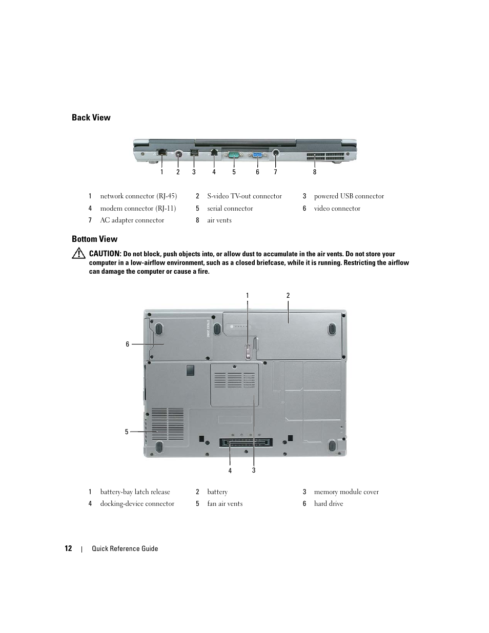 Back view, Bottom view | Dell Latitude D830 (Early 2007) User Manual | Page 12 / 258