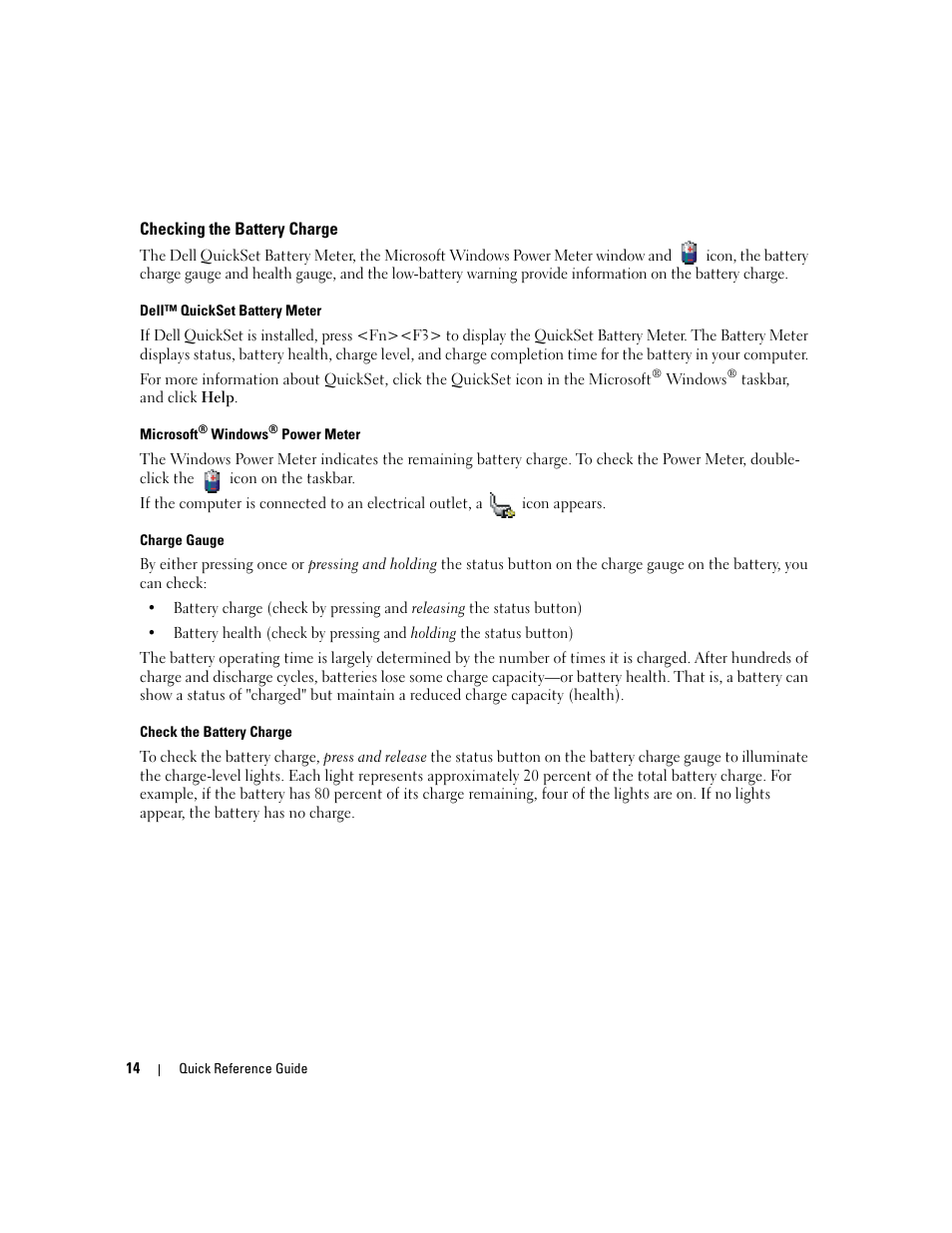 Checking the battery charge | Dell Latitude D830 (Early 2007) User Manual | Page 14 / 258