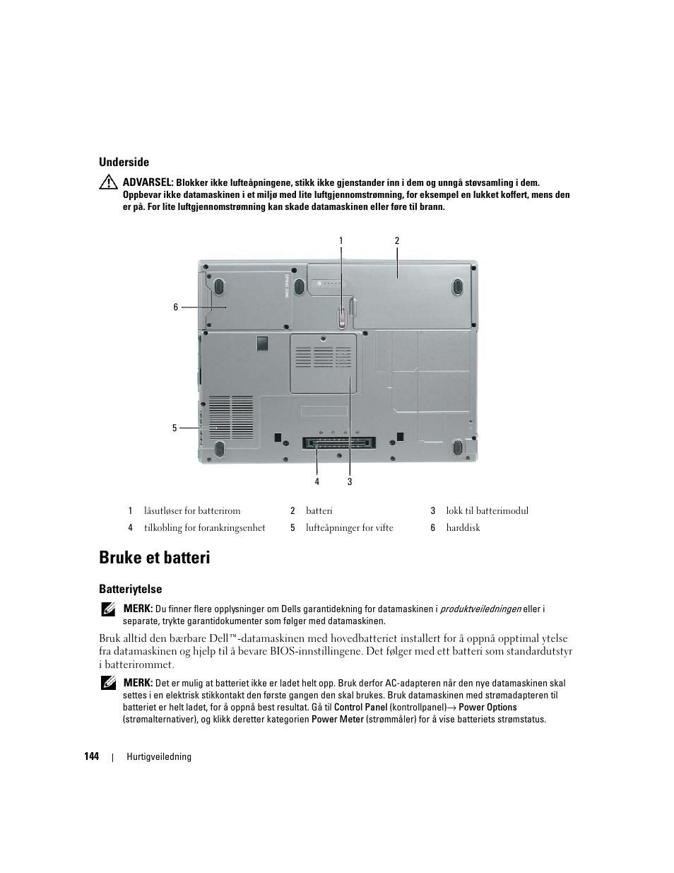 Underside, Bruke et batteri, Batteriytelse | Dell Latitude D830 (Early 2007) User Manual | Page 144 / 258
