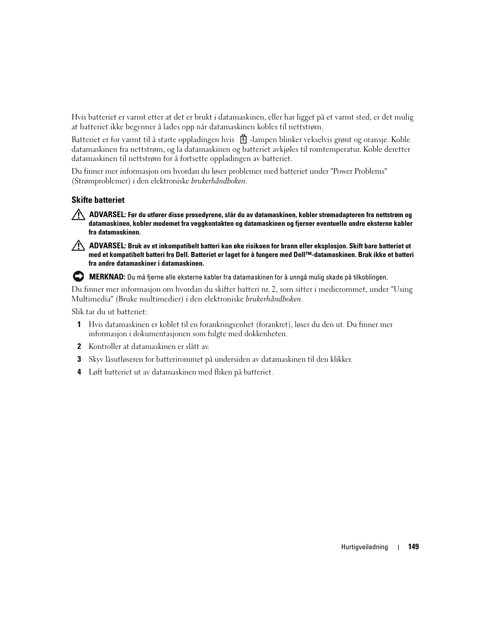 Skifte batteriet | Dell Latitude D830 (Early 2007) User Manual | Page 149 / 258