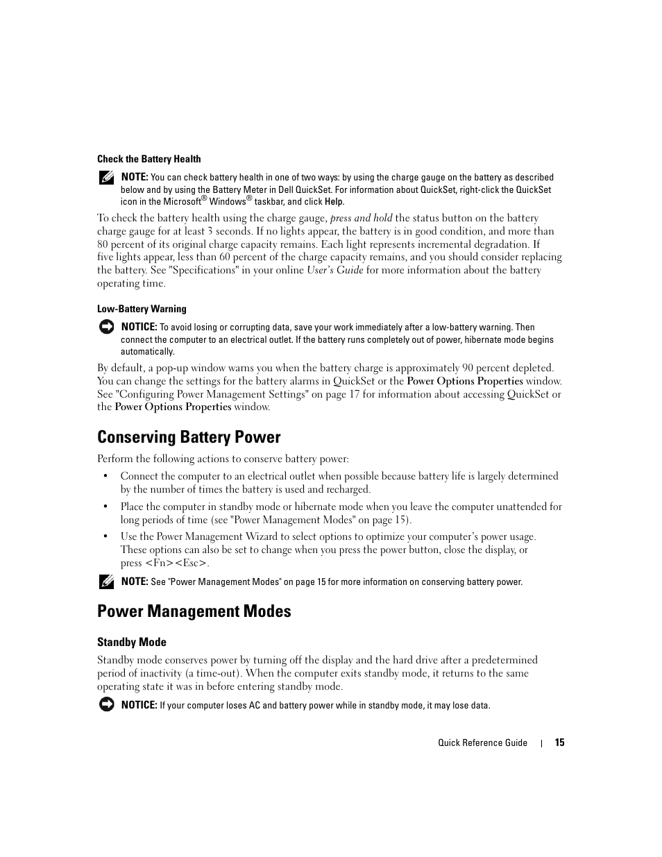 Conserving battery power, Power management modes, Standby mode | Dell Latitude D830 (Early 2007) User Manual | Page 15 / 258