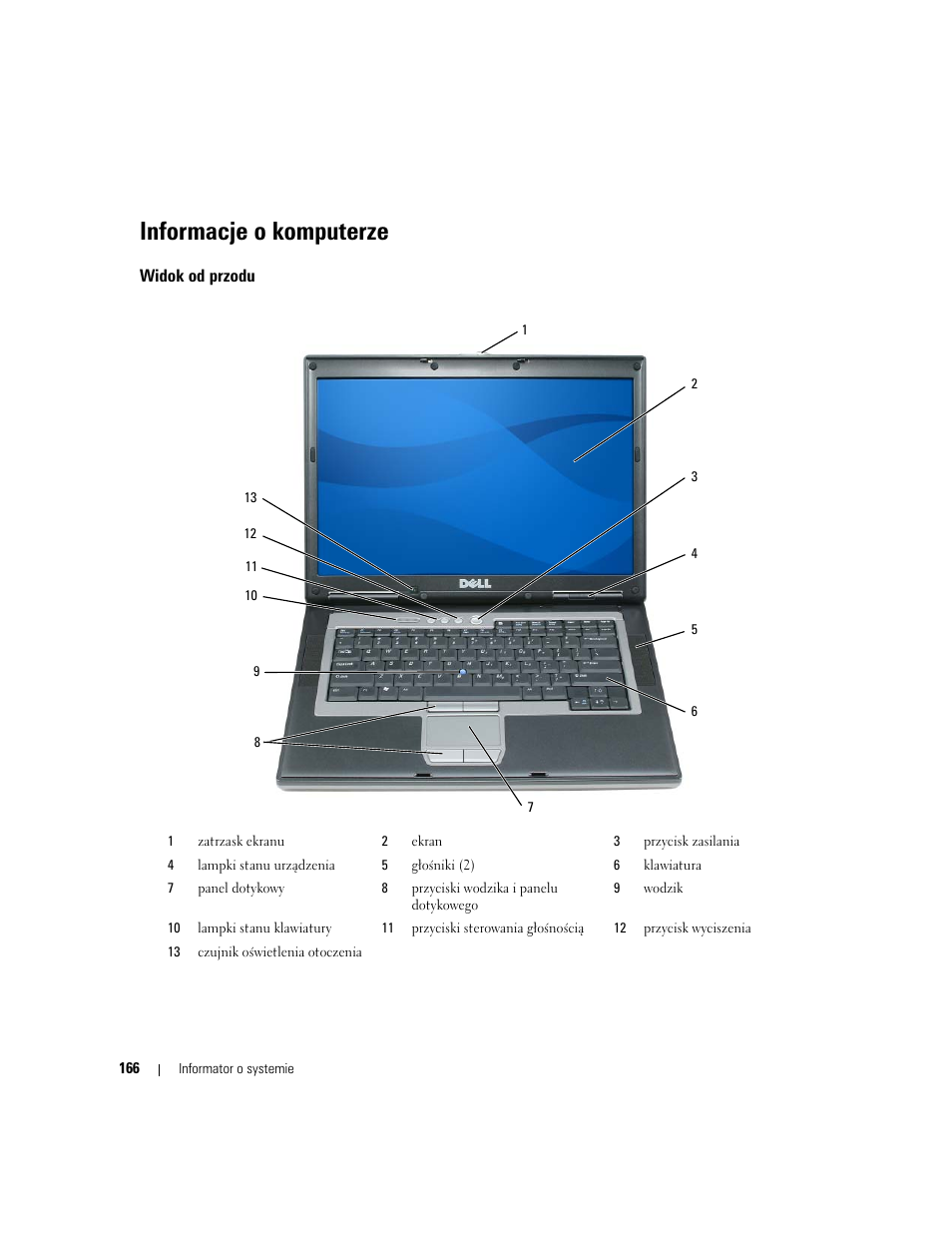 Informacje o komputerze, Widok od przodu | Dell Latitude D830 (Early 2007) User Manual | Page 166 / 258