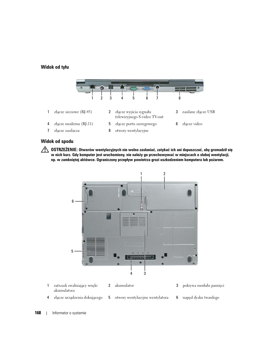 Widok od tyłu, Widok od spodu | Dell Latitude D830 (Early 2007) User Manual | Page 168 / 258