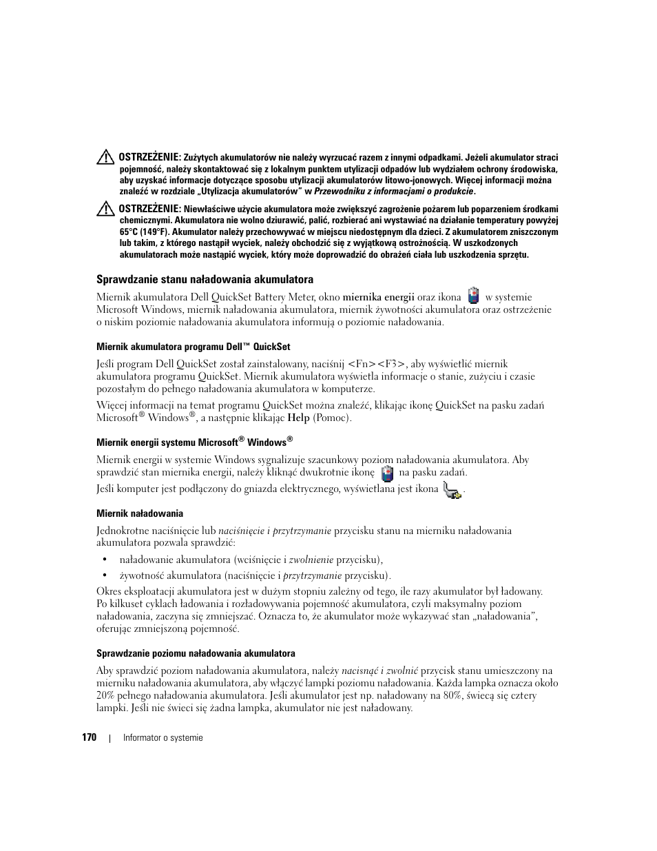 Sprawdzanie stanu naładowania akumulatora | Dell Latitude D830 (Early 2007) User Manual | Page 170 / 258