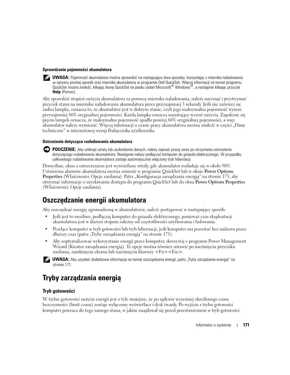 Ostrzeżenie dotyczące rozładowania akumulatora, Tryby zarządzania energią, Tryb gotowości | Oszczędzanie energii akumulatora | Dell Latitude D830 (Early 2007) User Manual | Page 171 / 258