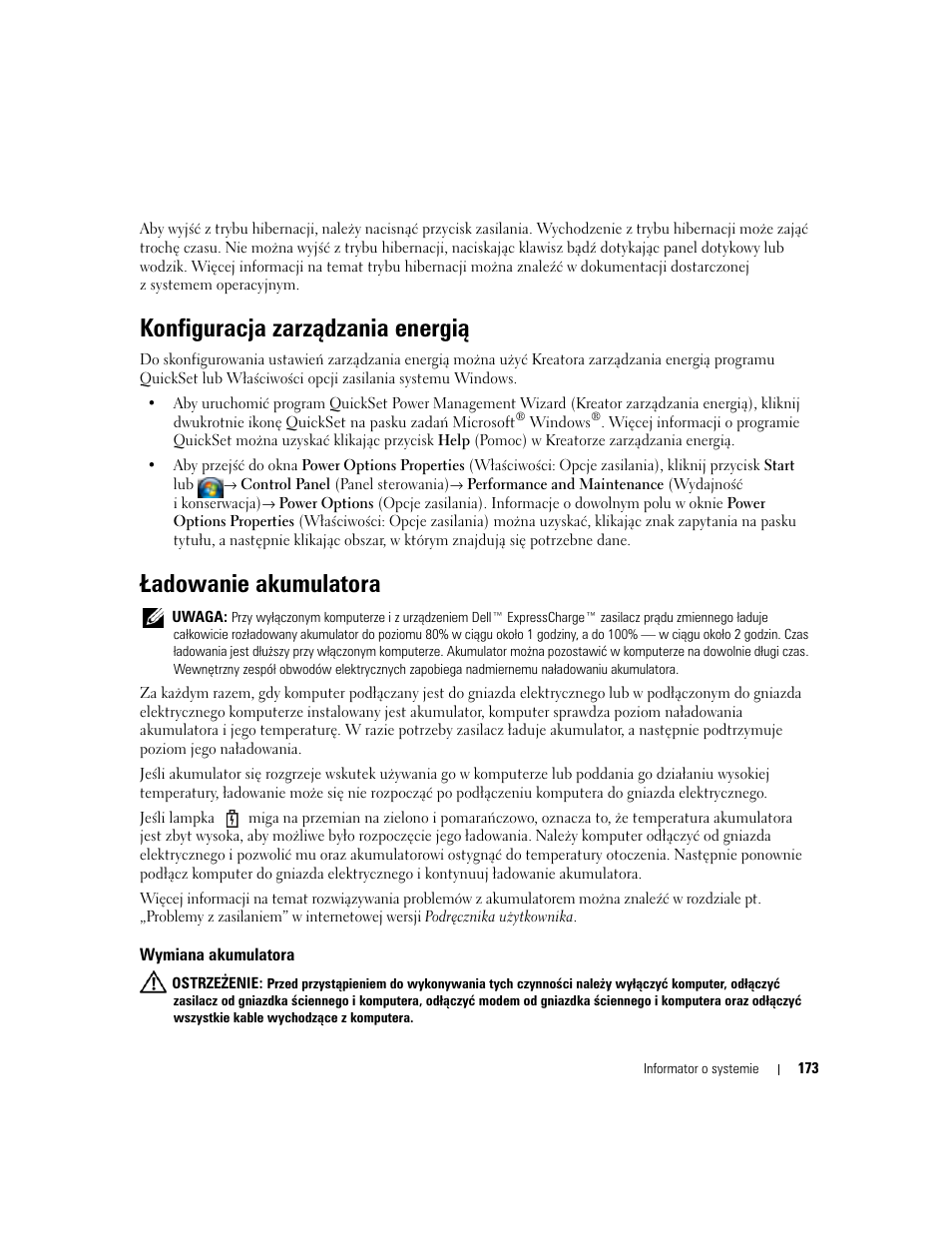 Konfiguracja zarządzania energią, Ładowanie akumulatora, Wymiana akumulatora | Dell Latitude D830 (Early 2007) User Manual | Page 173 / 258