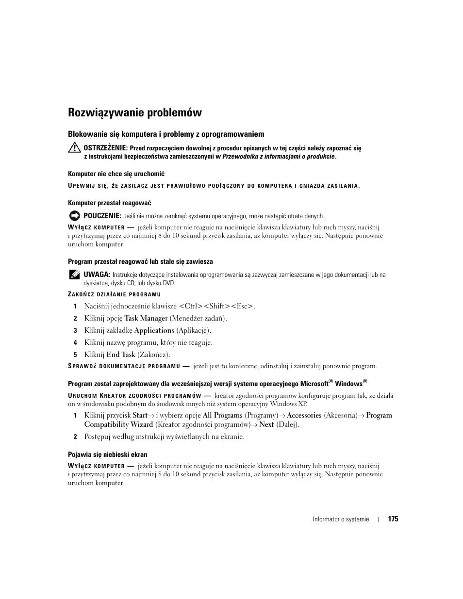 Rozwiązywanie problemów | Dell Latitude D830 (Early 2007) User Manual | Page 175 / 258