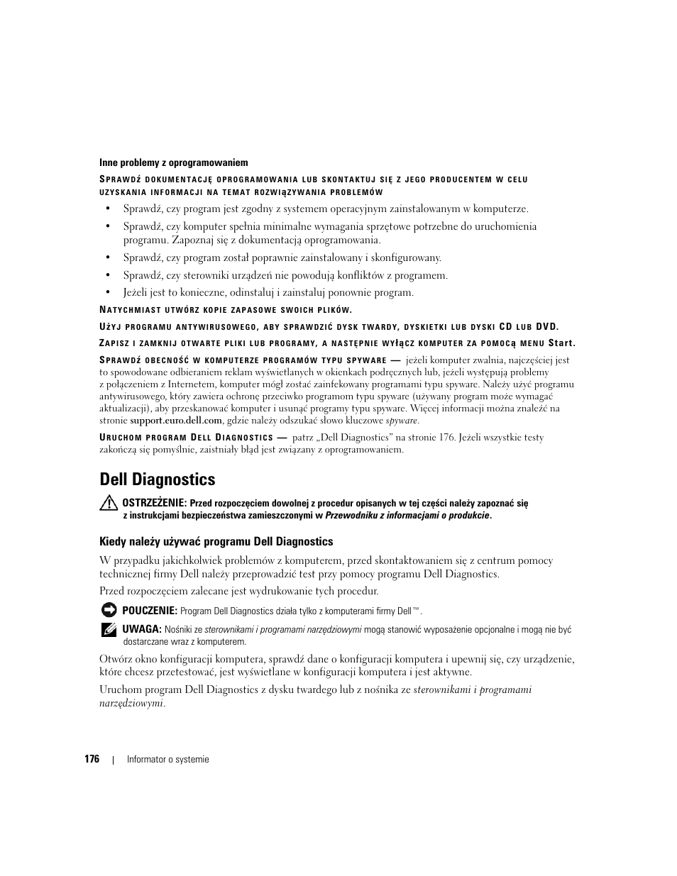 Dell diagnostics, Kiedy należy używać programu dell diagnostics | Dell Latitude D830 (Early 2007) User Manual | Page 176 / 258