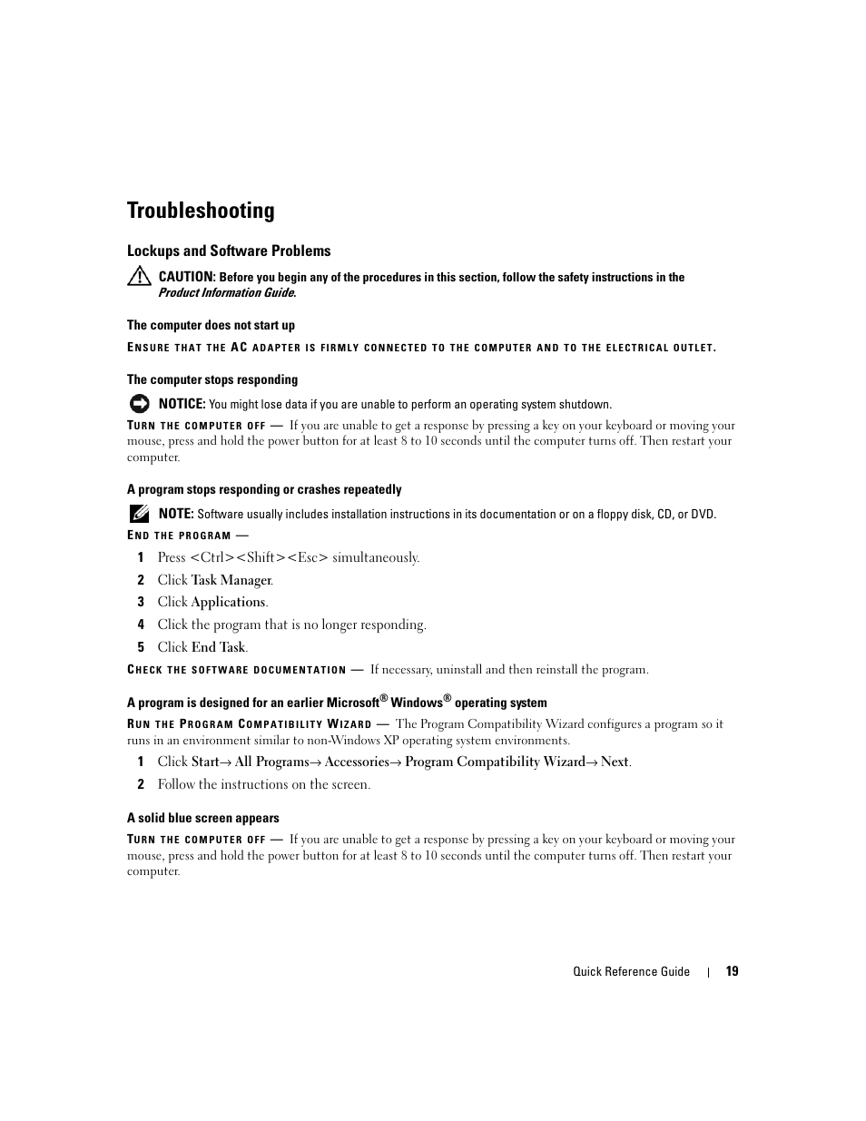 Troubleshooting, Lockups and software problems | Dell Latitude D830 (Early 2007) User Manual | Page 19 / 258