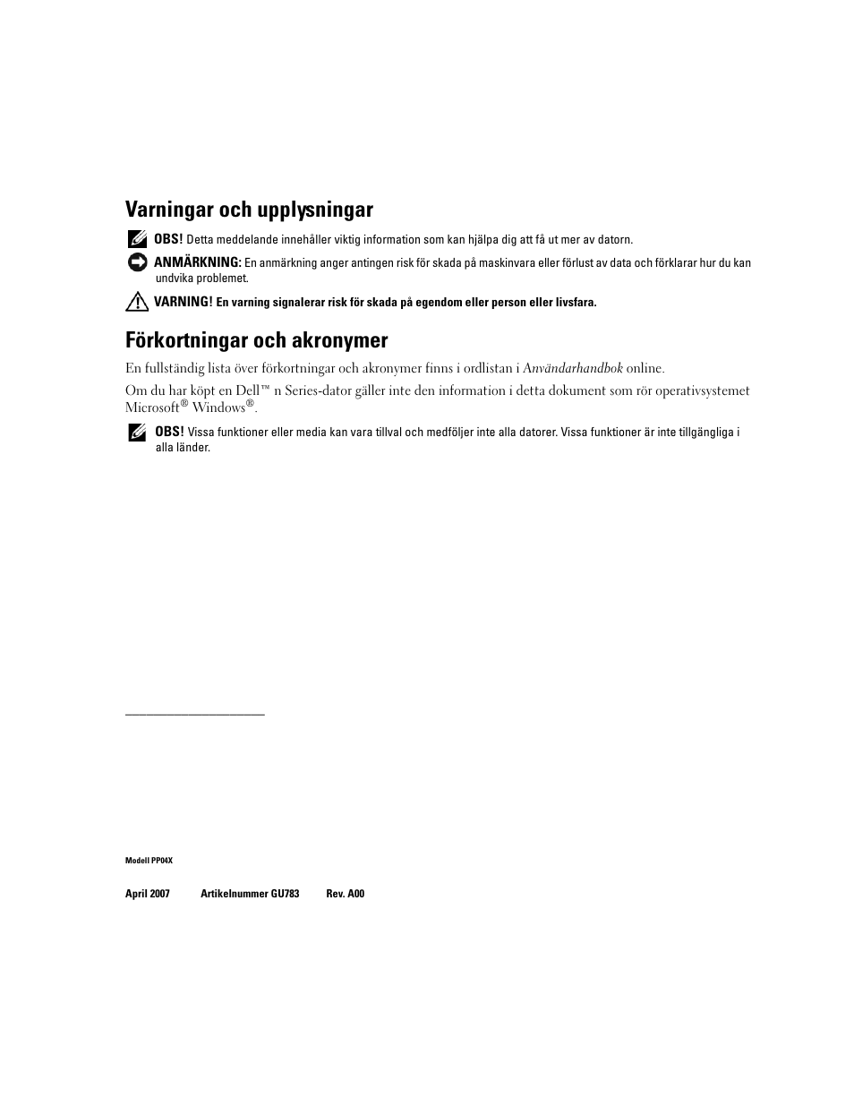 Varningar och upplysningar, Förkortningar och akronymer | Dell Latitude D830 (Early 2007) User Manual | Page 210 / 258