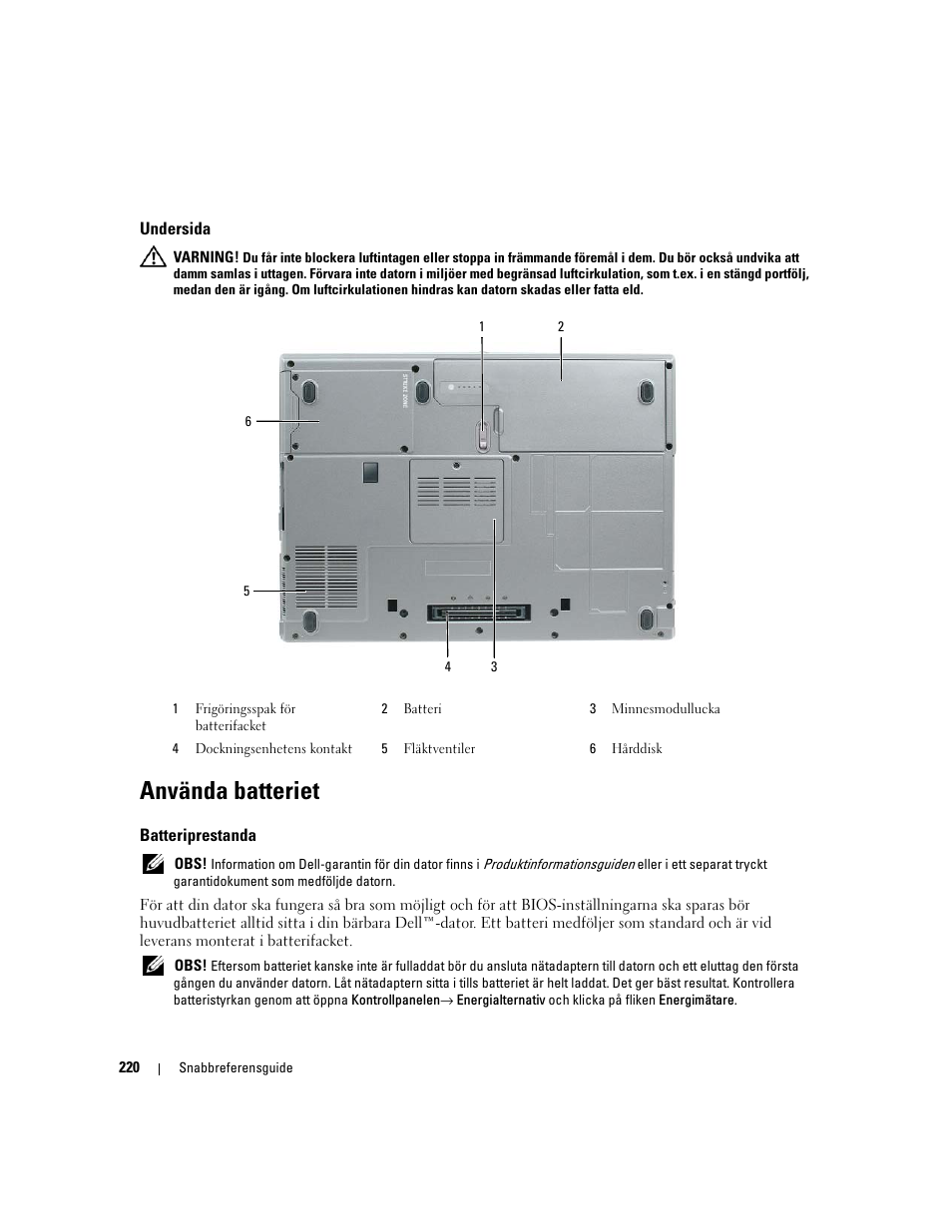 Undersida, Använda batteriet, Batteriprestanda | Dell Latitude D830 (Early 2007) User Manual | Page 220 / 258