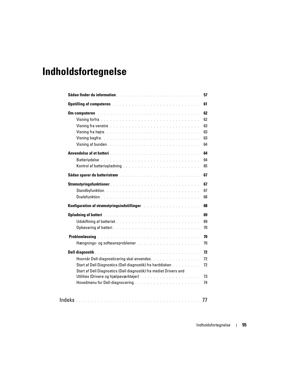 Indholdsfortegnelse, Indeks | Dell Latitude D830 (Early 2007) User Manual | Page 55 / 258