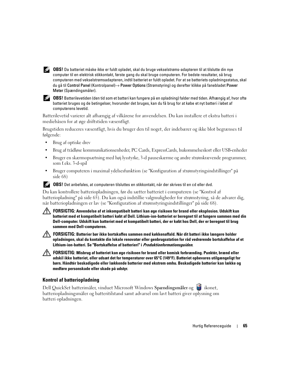 Kontrol af batteriopladning | Dell Latitude D830 (Early 2007) User Manual | Page 65 / 258