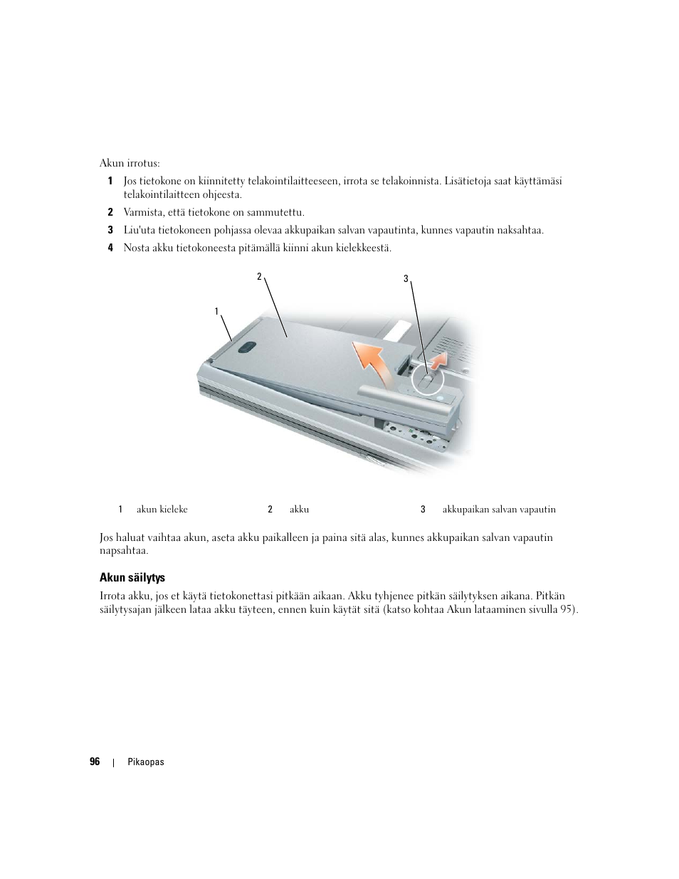 Akun säilytys | Dell Latitude D830 (Early 2007) User Manual | Page 96 / 258