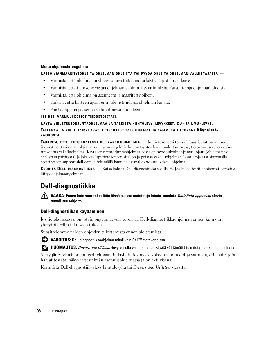 Dell-diagnostiikka, Dell-diagnostiikan käyttäminen | Dell Latitude D830 (Early 2007) User Manual | Page 98 / 258