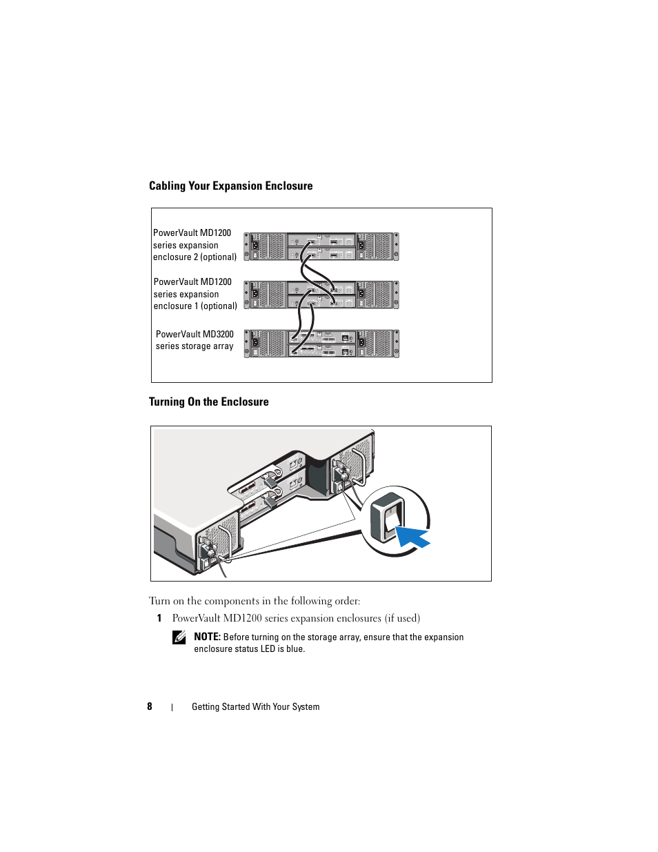Cabling your expansion enclosure, Turning on the enclosure | Dell PowerVault MD3200 User Manual | Page 10 / 174