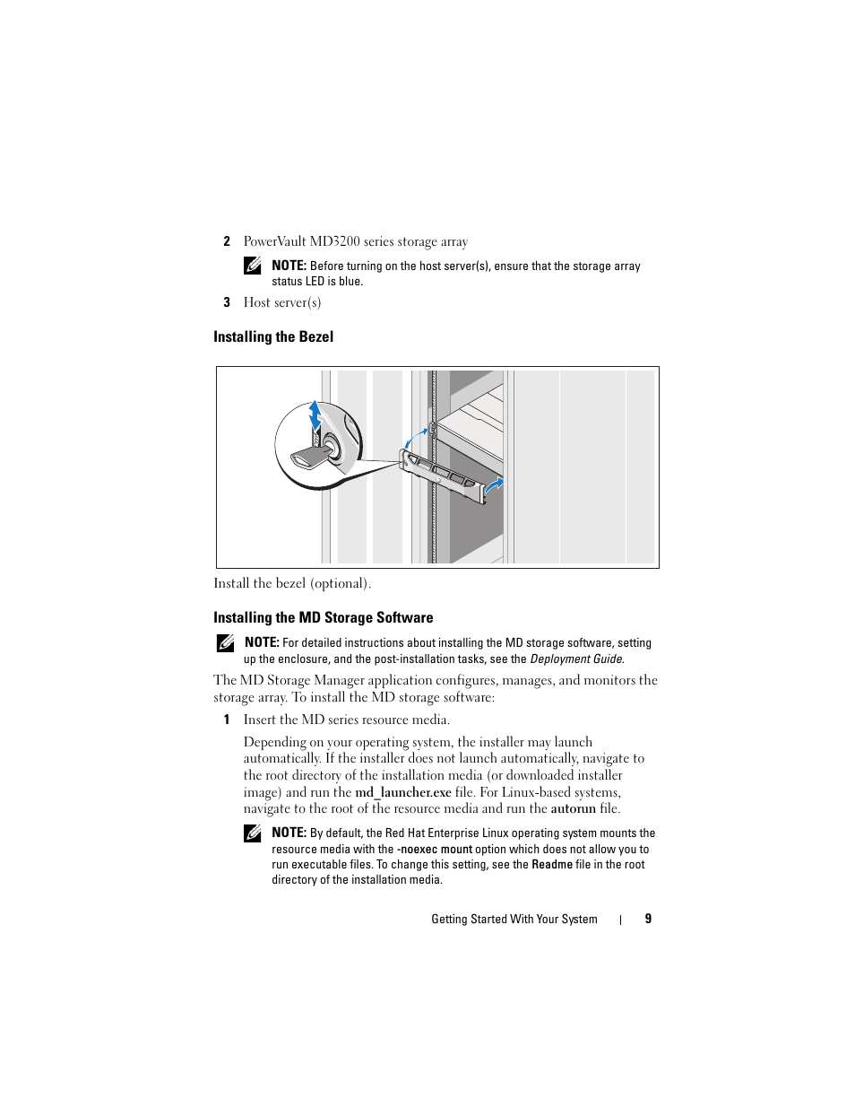 Installing the bezel, Installing the md storage software | Dell PowerVault MD3200 User Manual | Page 11 / 174