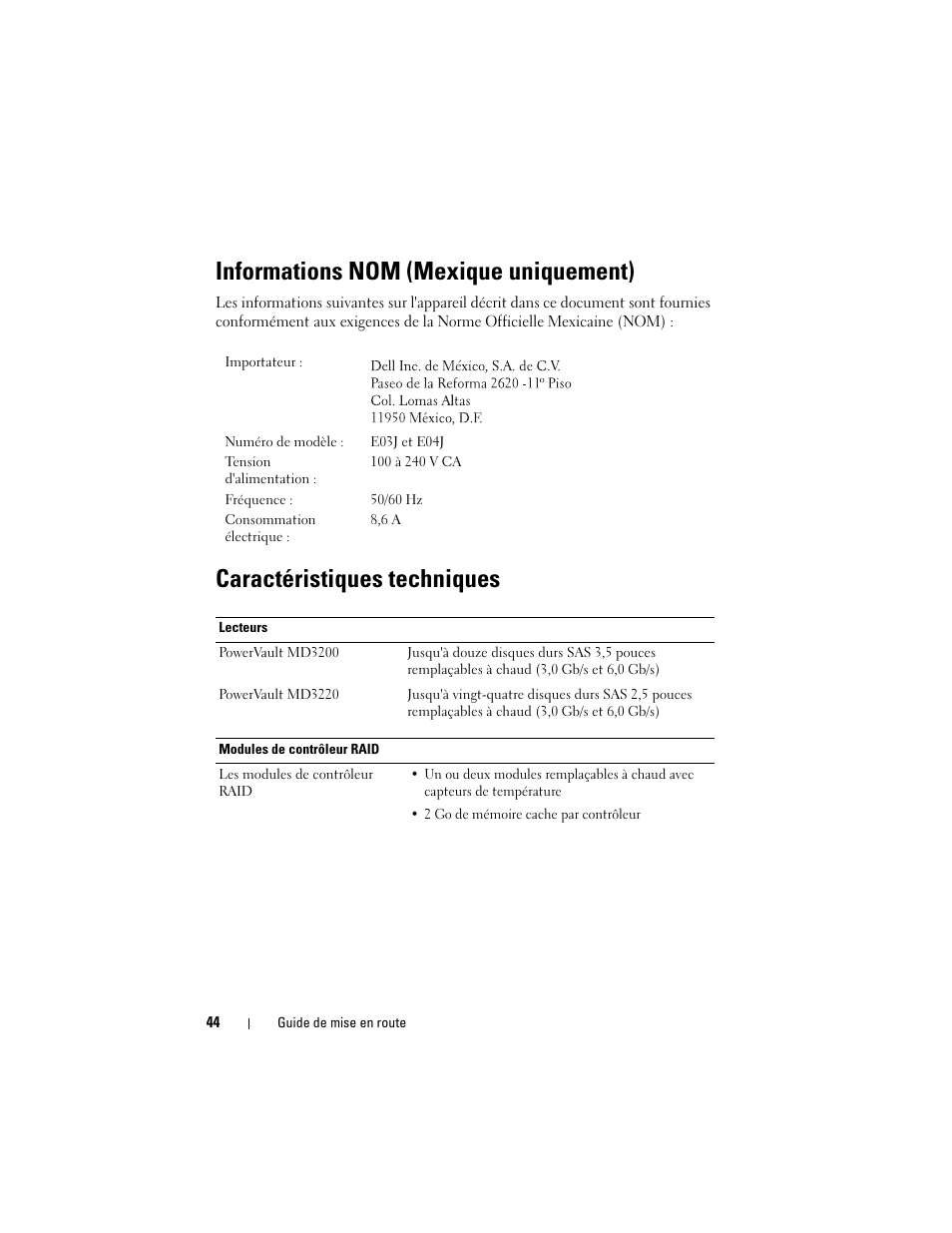 Caractéristiques techniques, Informations nom (mexique uniquement) | Dell PowerVault MD3200 User Manual | Page 46 / 174