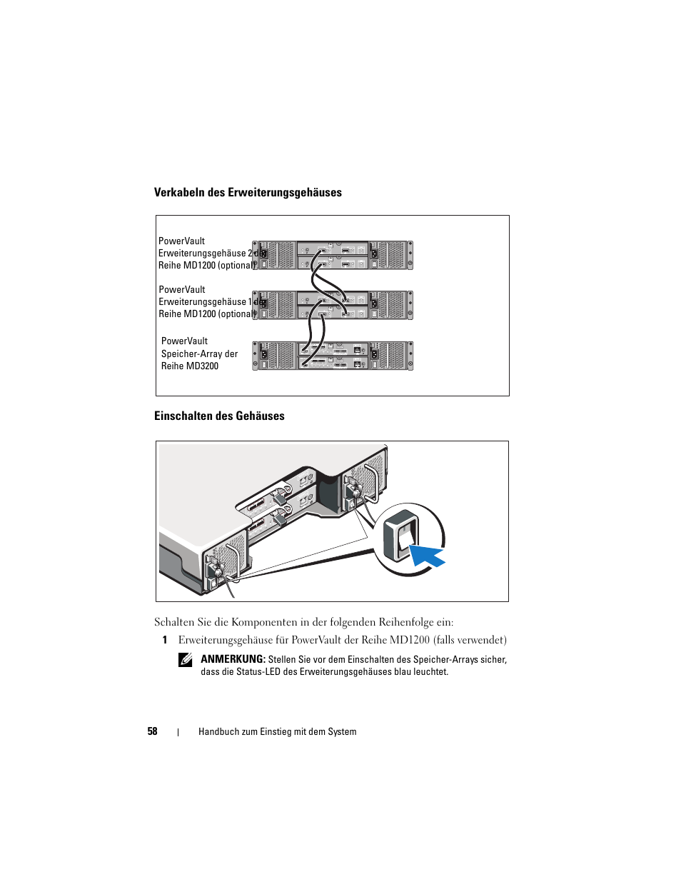 Verkabeln des erweiterungsgehäuses, Einschalten des gehäuses | Dell PowerVault MD3200 User Manual | Page 60 / 174