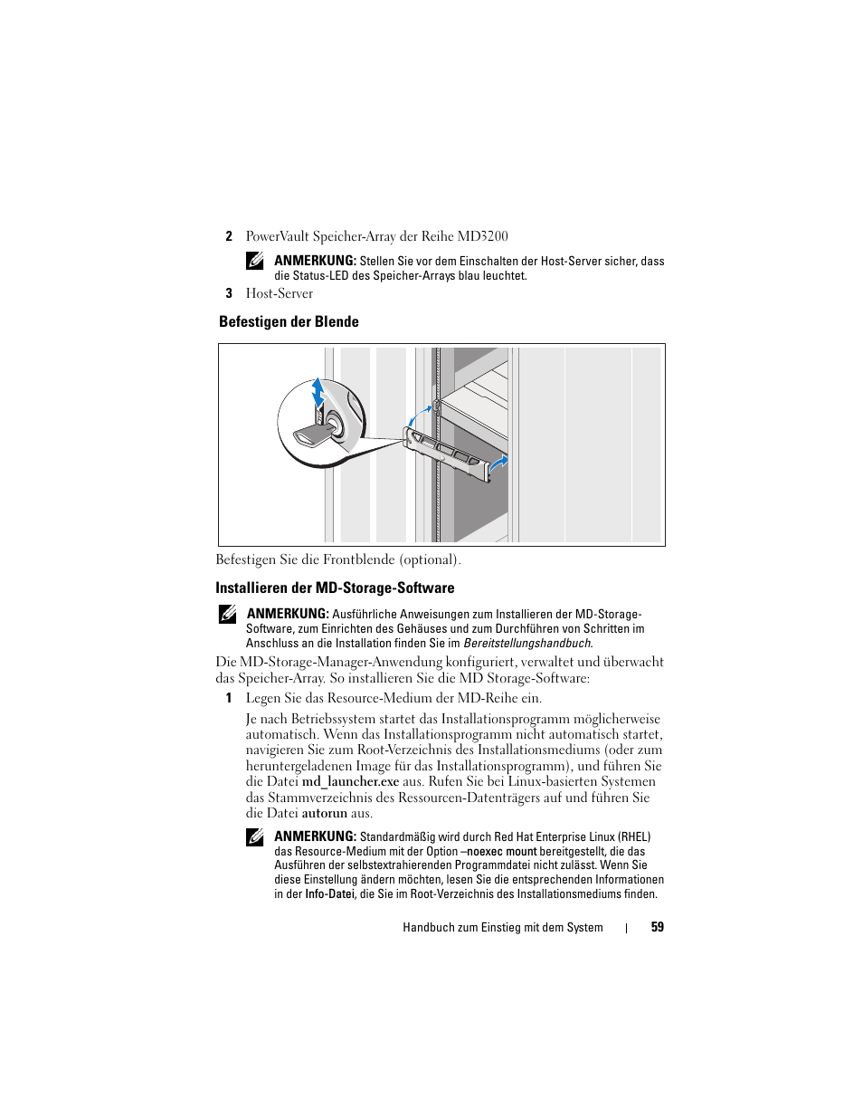 Befestigen der blende, Installieren der md-storage-software | Dell PowerVault MD3200 User Manual | Page 61 / 174