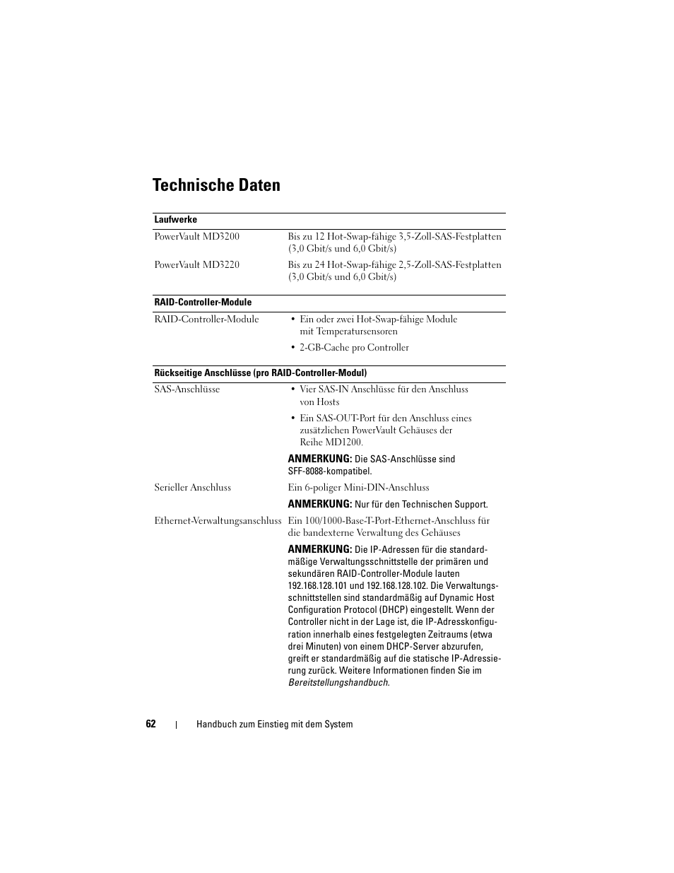 Technische daten | Dell PowerVault MD3200 User Manual | Page 64 / 174