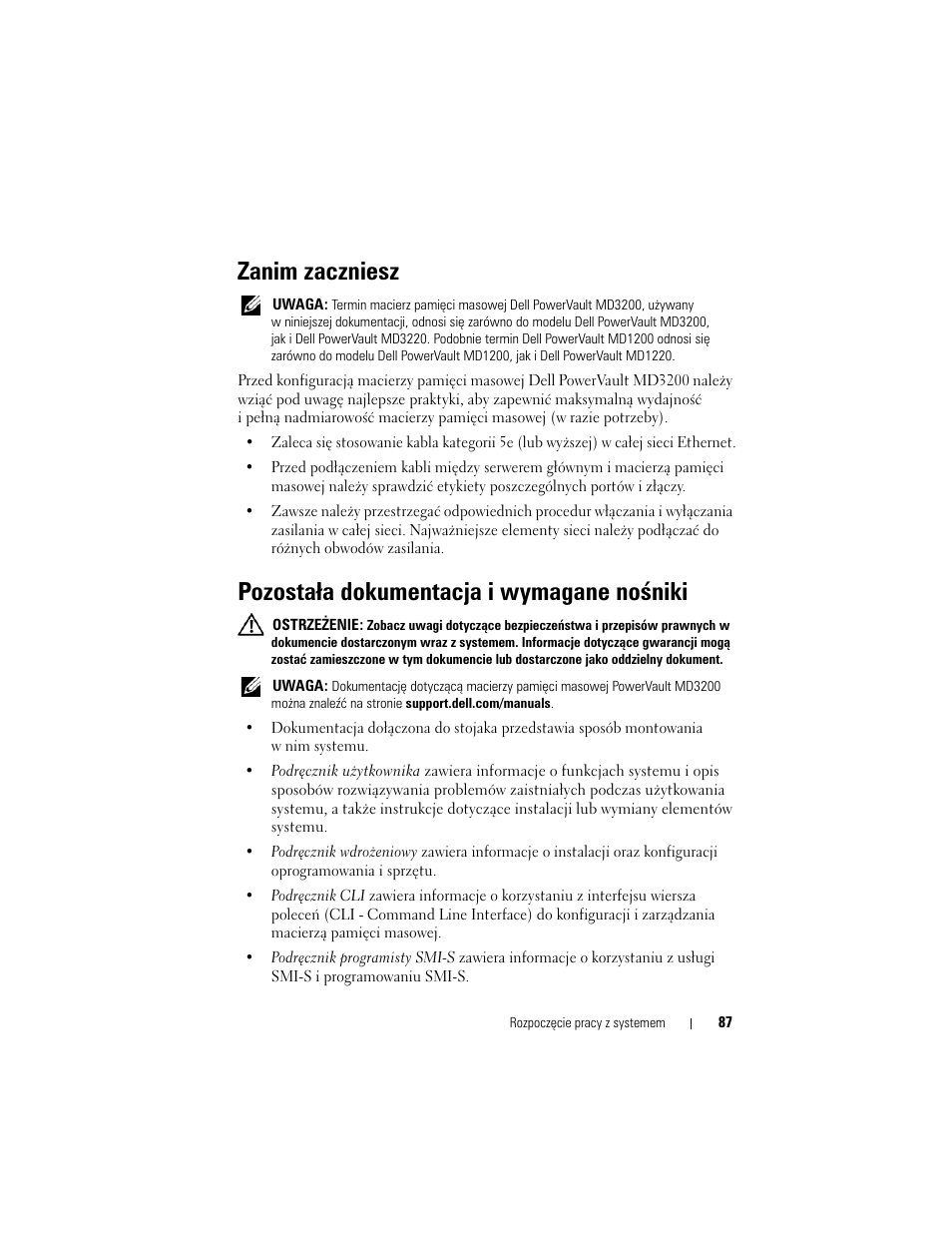 Zanim zaczniesz, Pozostała dokumentacja i wymagane nośniki | Dell PowerVault MD3200 User Manual | Page 89 / 174