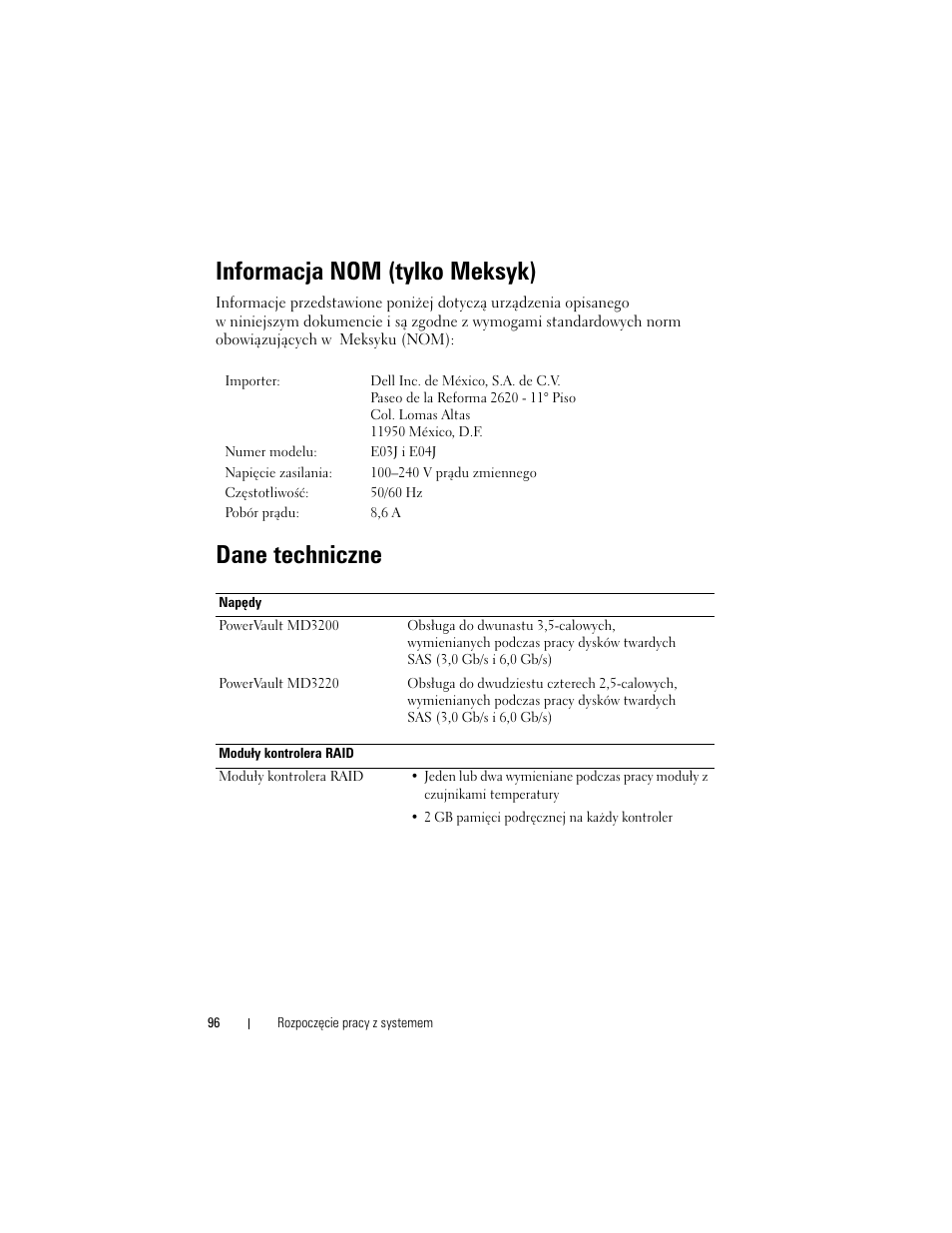 Informacja nom (tylko meksyk), Dane techniczne | Dell PowerVault MD3200 User Manual | Page 98 / 174
