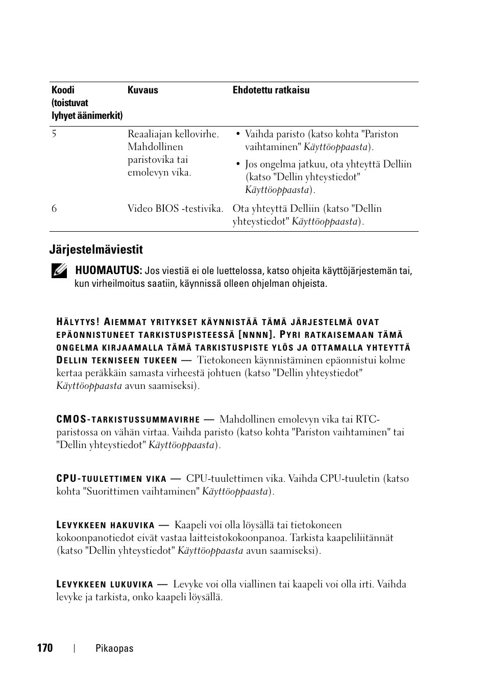 Järjestelmäviestit | Dell Precision T3400 (Late 2007) User Manual | Page 170 / 608