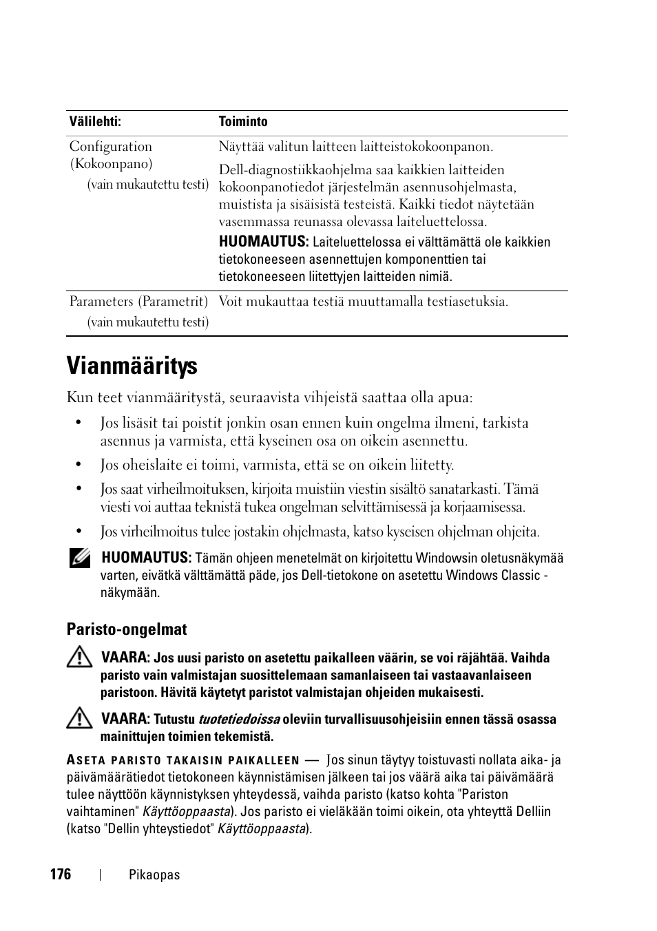 Vianmääritys, Paristo-ongelmat | Dell Precision T3400 (Late 2007) User Manual | Page 176 / 608