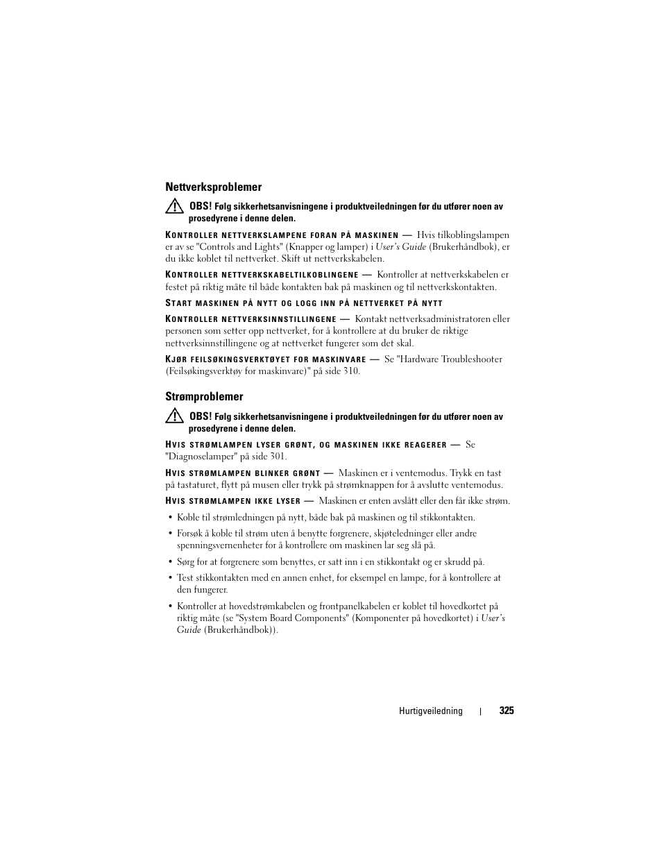 Nettverksproblemer, Strømproblemer | Dell Precision T3400 (Late 2007) User Manual | Page 325 / 608