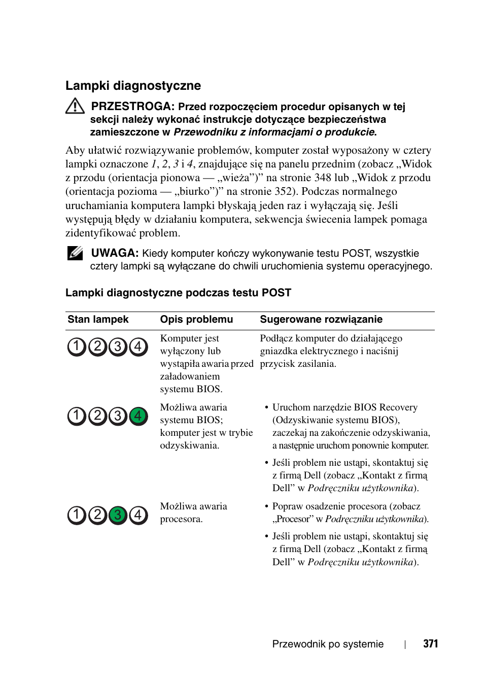 Lampki diagnostyczne | Dell Precision T3400 (Late 2007) User Manual | Page 371 / 608