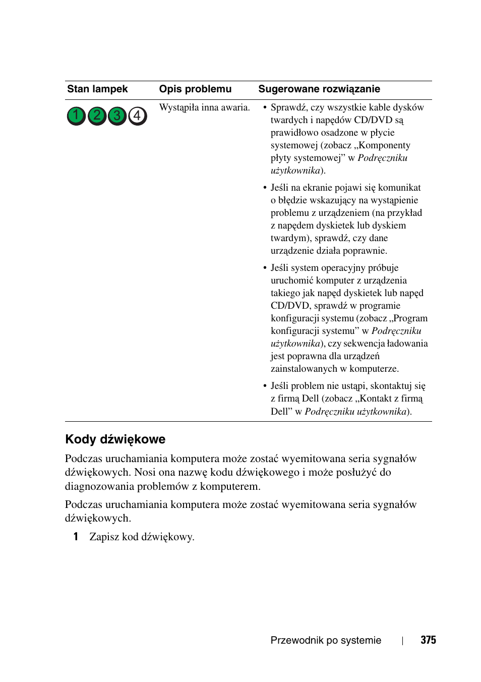 Kody dźwiękowe, Kody d, Źwiękowe | Dell Precision T3400 (Late 2007) User Manual | Page 375 / 608