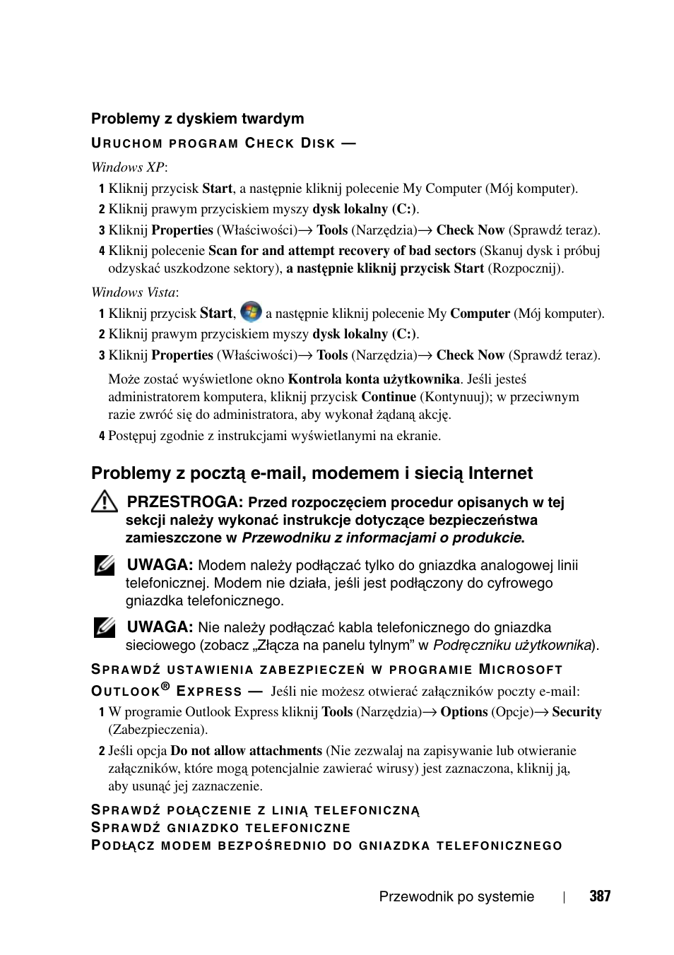 Problemy z poczt, Ą e-mail, modemem, I sieci | Ą internet | Dell Precision T3400 (Late 2007) User Manual | Page 387 / 608