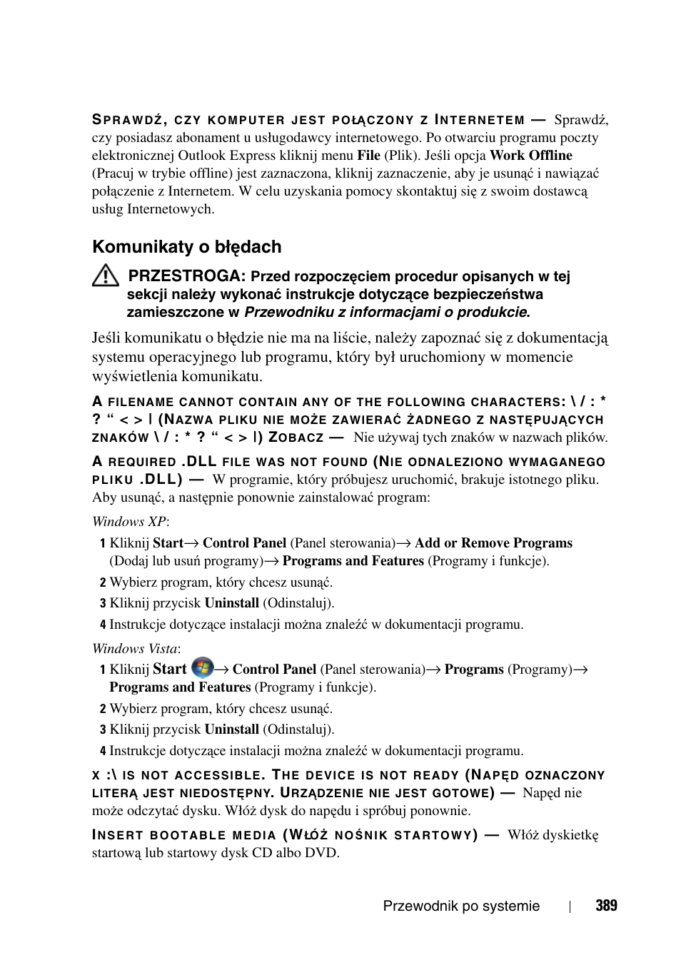 Komunikaty o błędach, Komunikaty o bł, Ędach | Komunikaty o bł ę dach | Dell Precision T3400 (Late 2007) User Manual | Page 389 / 608