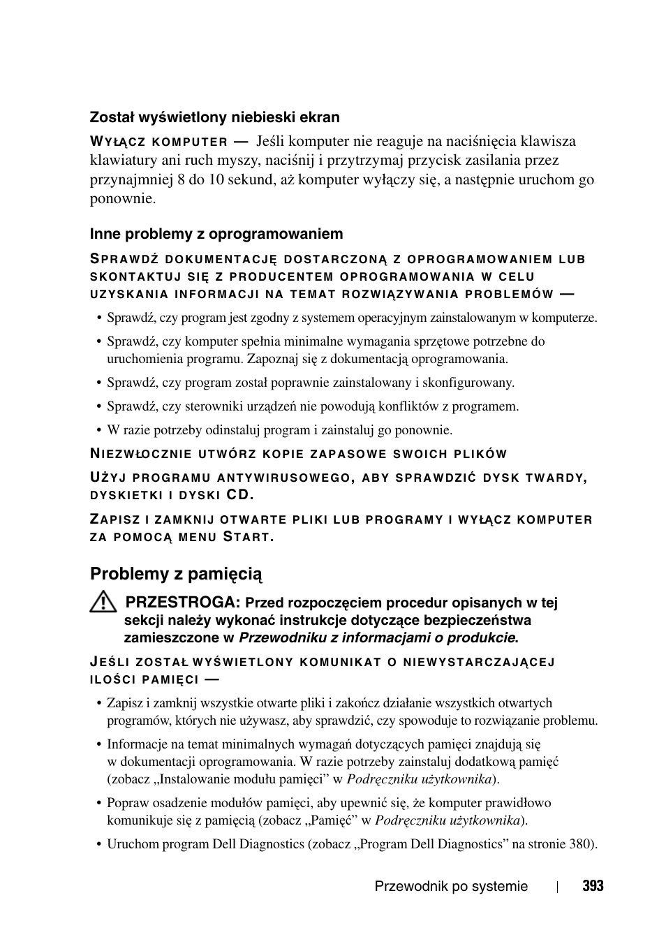 Problemy z pamięcią, Problemy z pami, Ęcią | Problemy z pami ę ci ą | Dell Precision T3400 (Late 2007) User Manual | Page 393 / 608