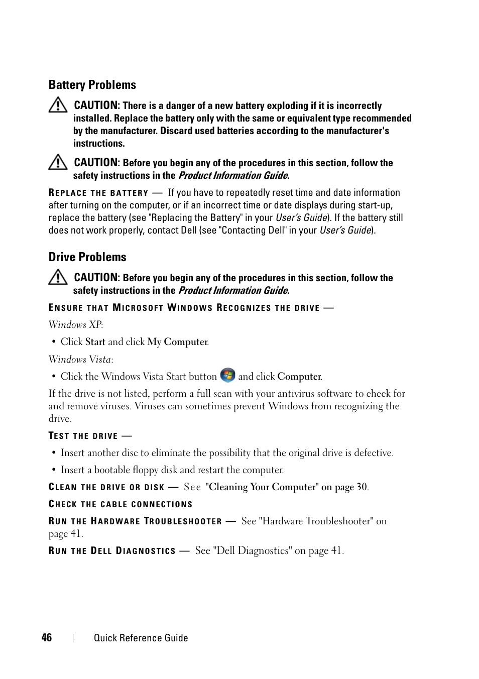 Battery problems, Drive problems | Dell Precision T3400 (Late 2007) User Manual | Page 46 / 608