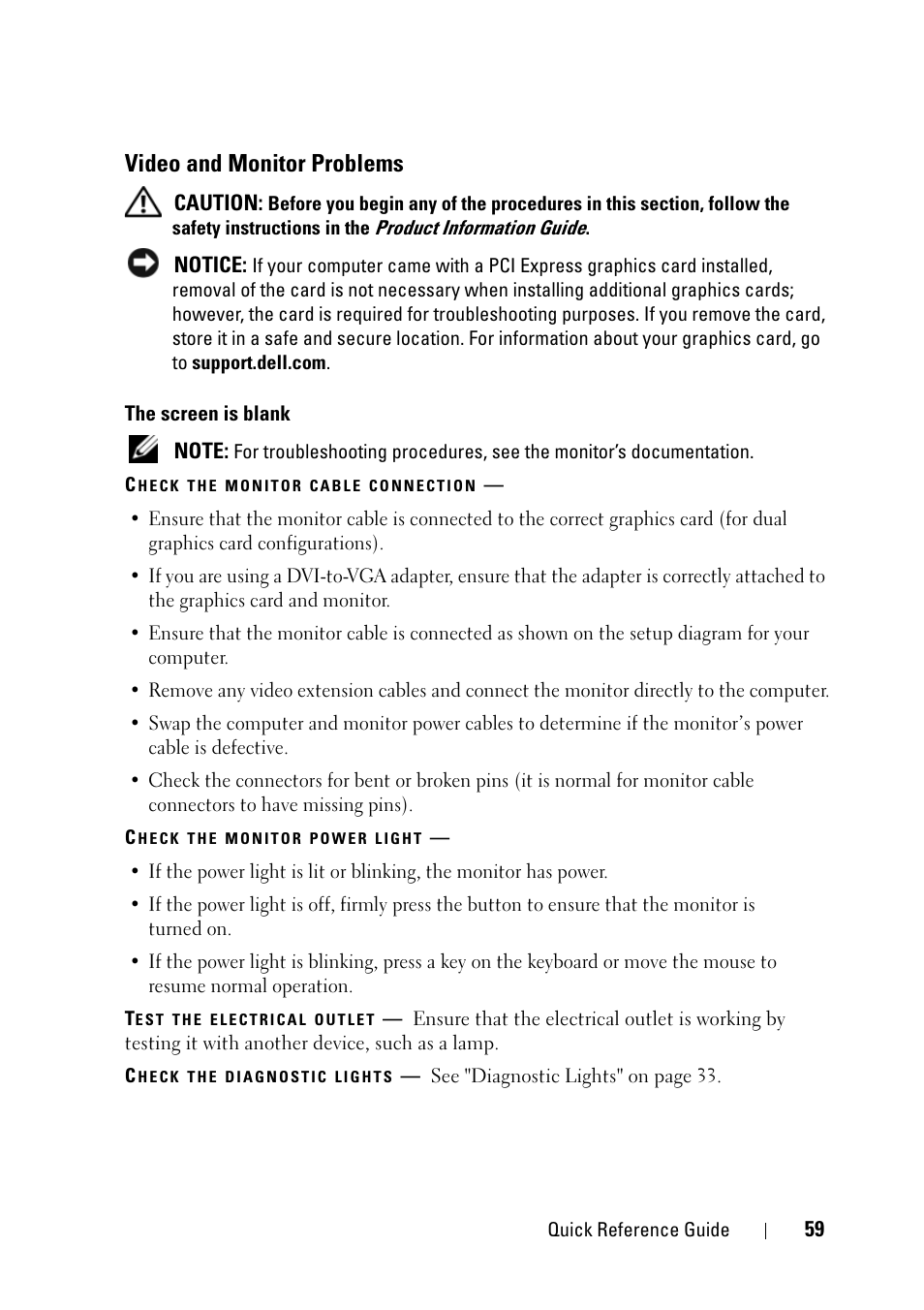 Video and monitor problems | Dell Precision T3400 (Late 2007) User Manual | Page 59 / 608