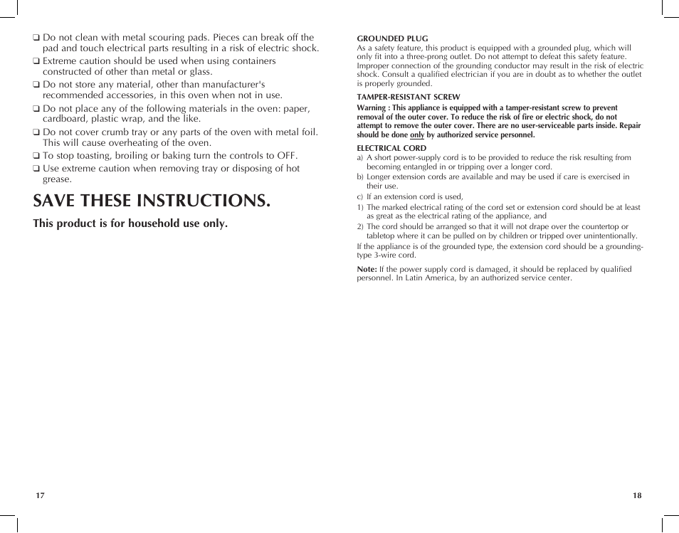 Save these instructions, This product is for household use only | Black & Decker Toast-R- TRO491B User Manual | Page 10 / 19