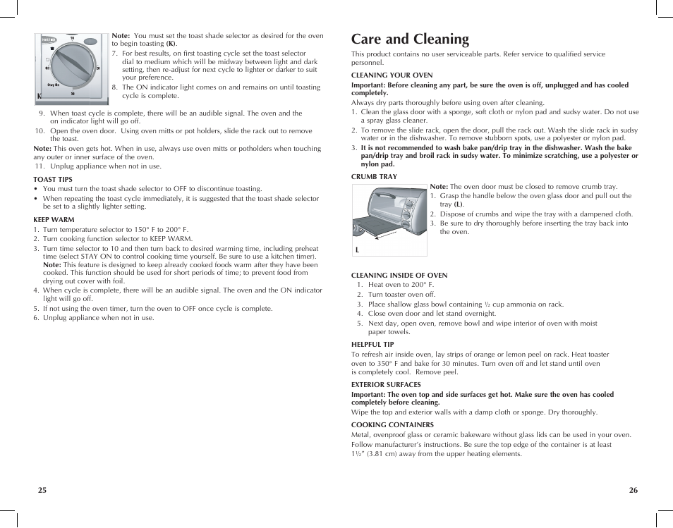 Care and cleaning | Black & Decker Toast-R- TRO491B User Manual | Page 14 / 19