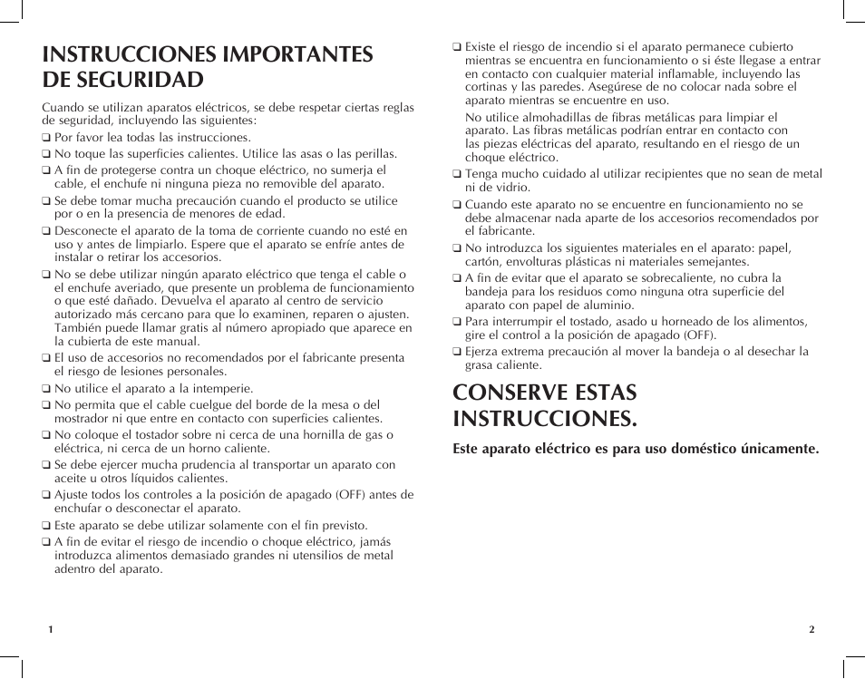 Instrucciones importantes de seguridad, Conserve estas instrucciones | Black & Decker Toast-R- TRO491B User Manual | Page 2 / 19