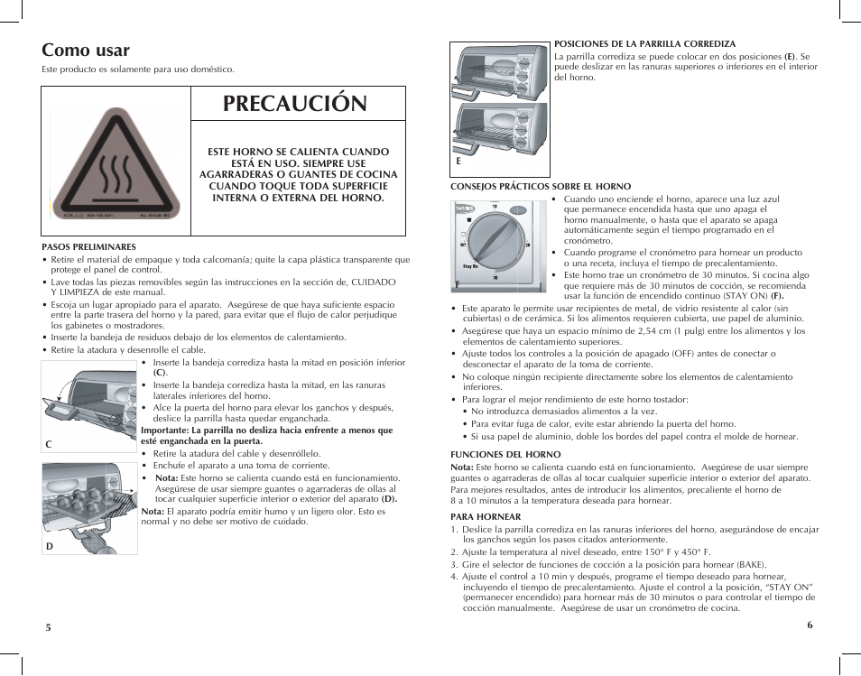 Precaución, Como usar | Black & Decker Toast-R- TRO491B User Manual | Page 4 / 19