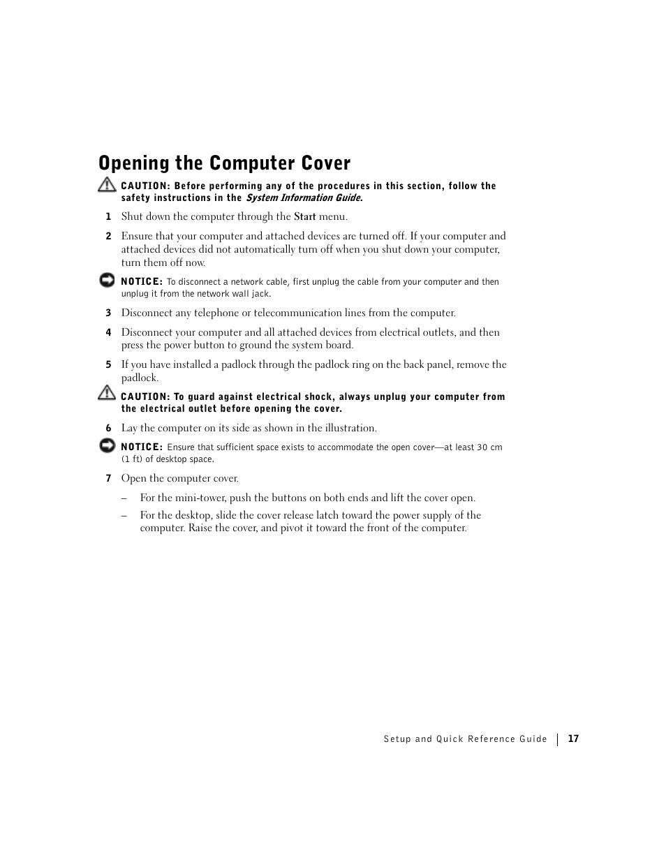 Opening the computer cover | Dell Precision 360 User Manual | Page 17 / 112