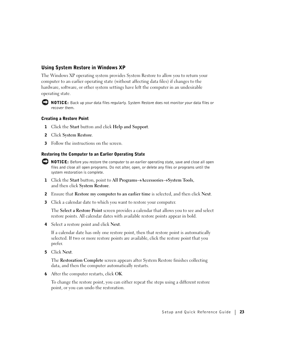 Using system restore in windows xp | Dell Precision 360 User Manual | Page 23 / 112