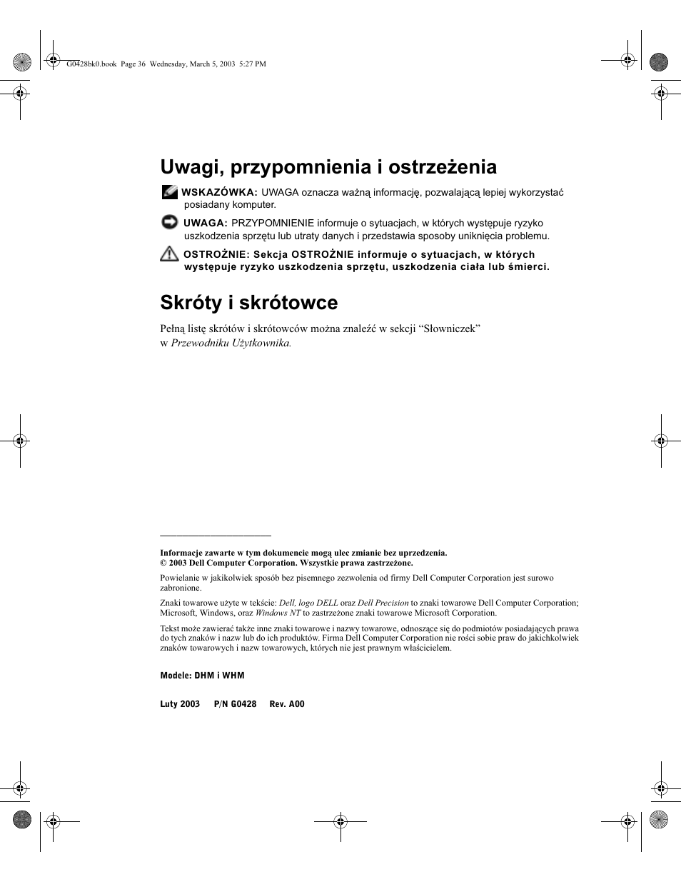 Uwagi, przypomnienia i ostrzeżenia, Skróty i skrótowce | Dell Precision 360 User Manual | Page 36 / 112