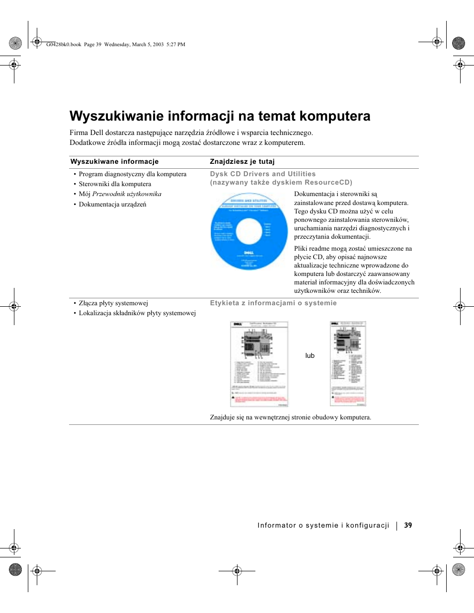 Wyszukiwanie informacji na temat komputera | Dell Precision 360 User Manual | Page 39 / 112