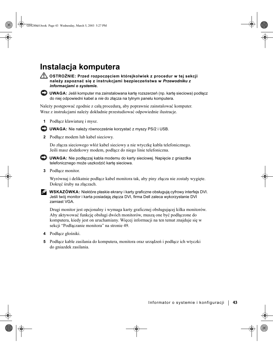 Instalacja komputera | Dell Precision 360 User Manual | Page 43 / 112