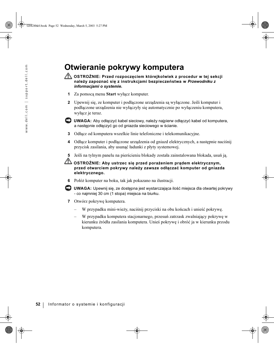 Otwieranie pokrywy komputera | Dell Precision 360 User Manual | Page 52 / 112